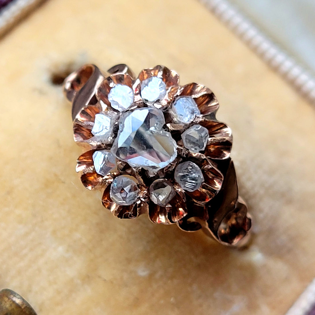 Dainty Antique 15ct Rose Gold heart shaped diamond cluster ring, Antique Engagement rings