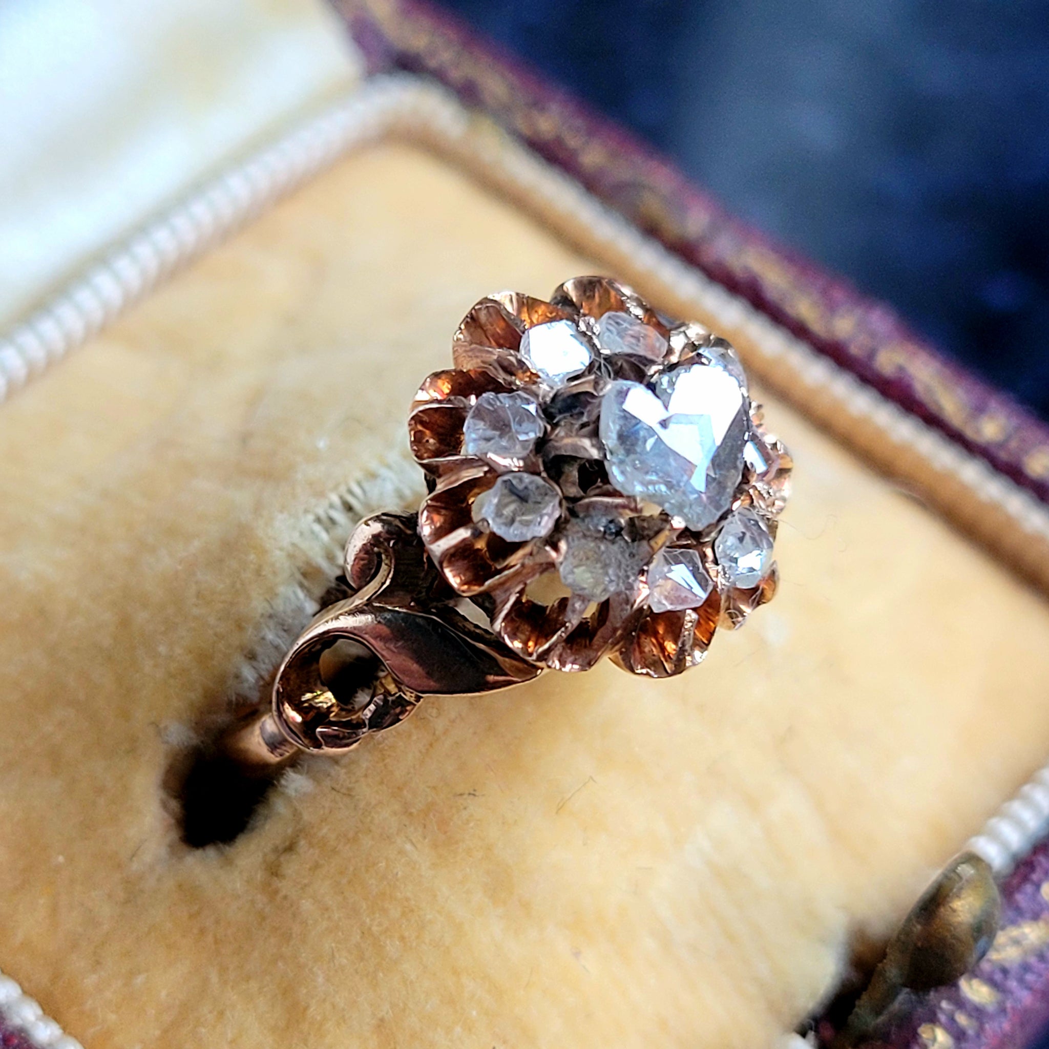 Dainty Antique 15ct Rose Gold heart shaped diamond cluster ring, Antique Engagement rings