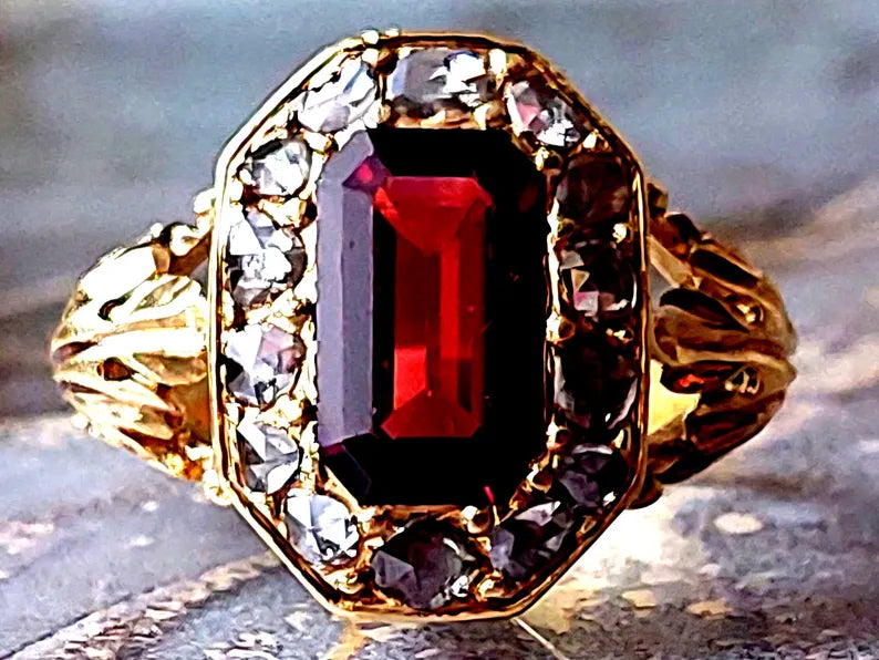 18ct gold antique ring rose cut diamonds and pink tourmaline 