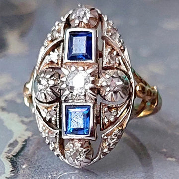 Us size 6 1/2, 18ct gold antique ring with Sapphires and Diamond 