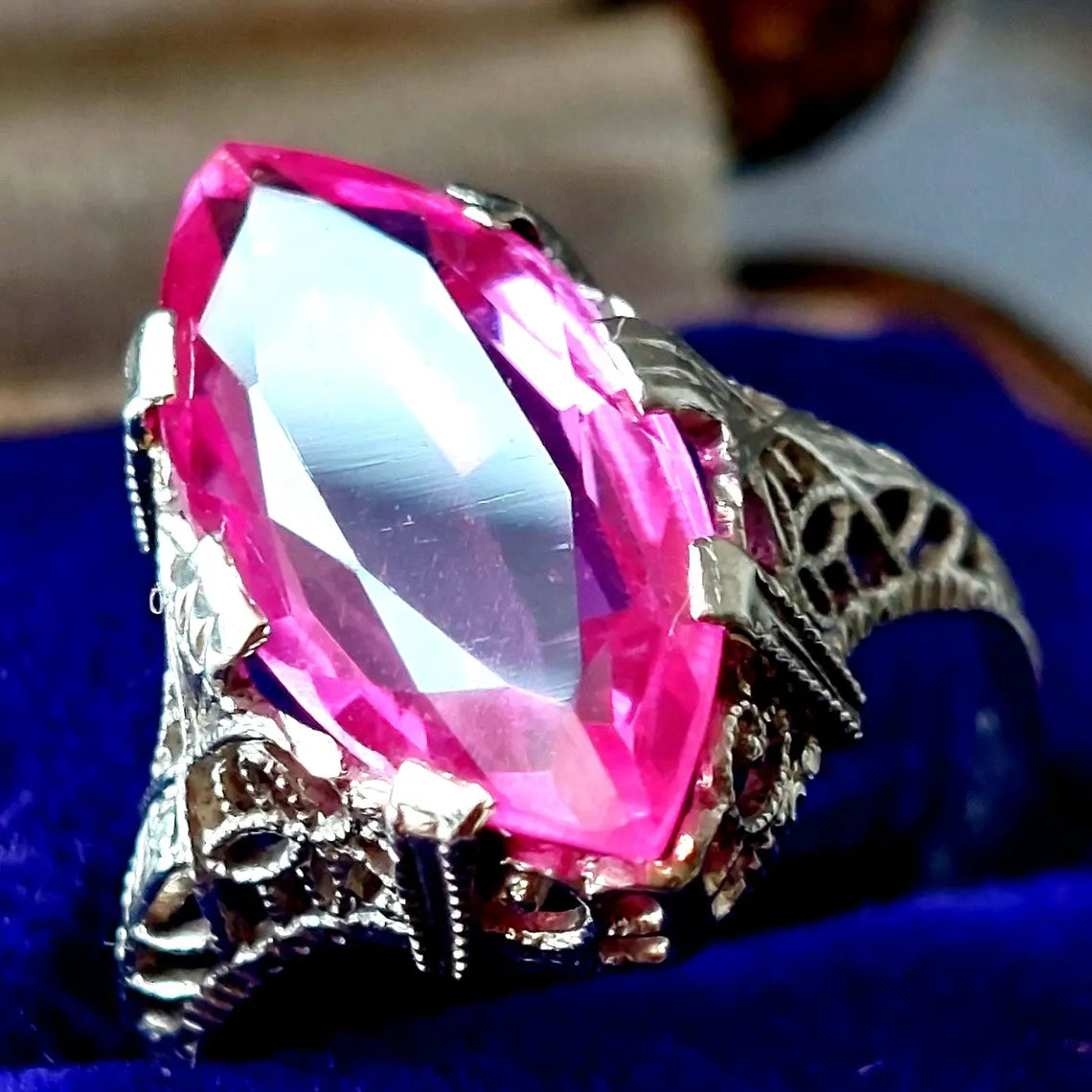 Antique 14k white gold pink sapphire ring, Art deco filigree  rings