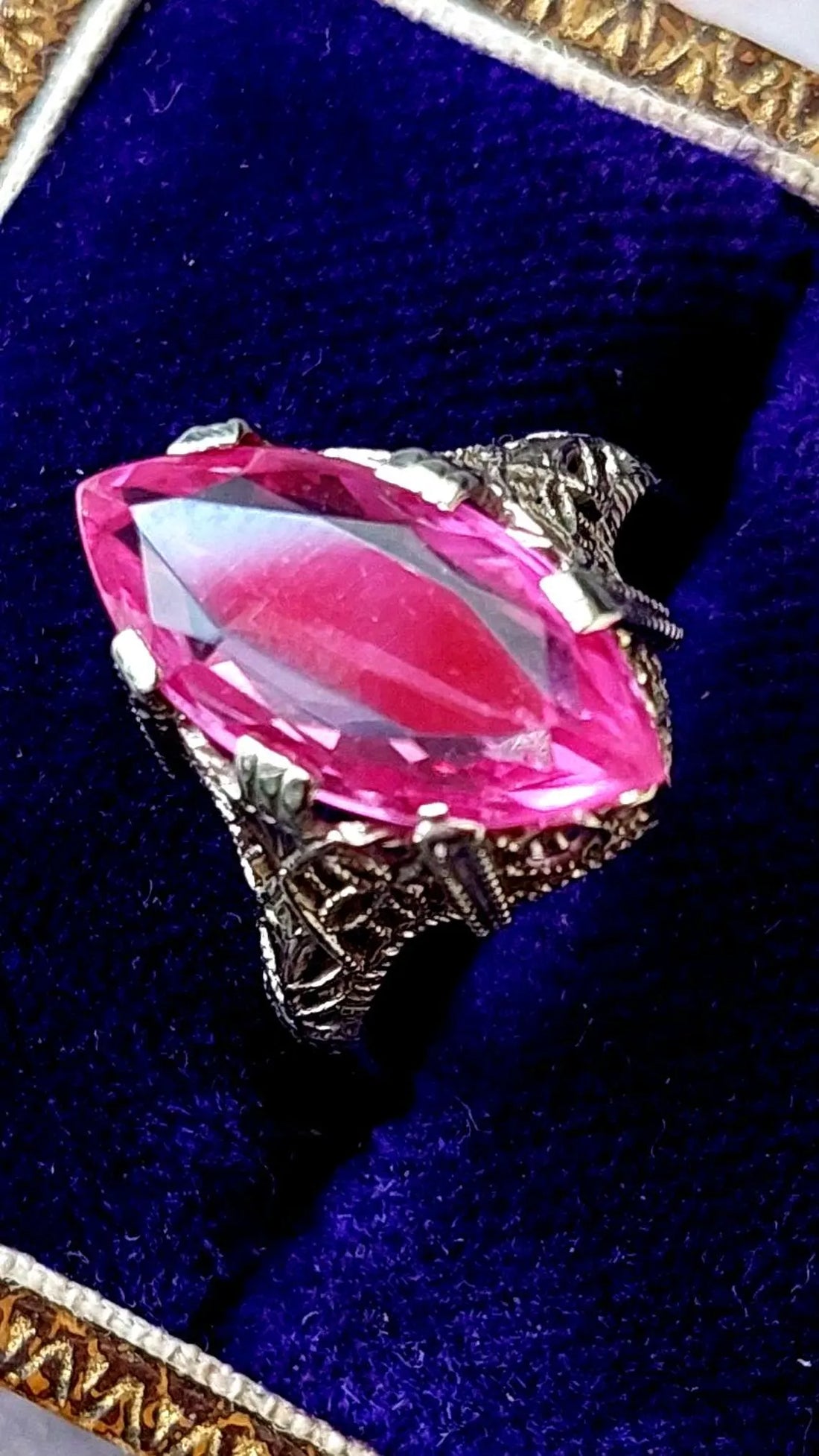 Antique 14k white gold pink sapphire ring, Art deco filigree  rings