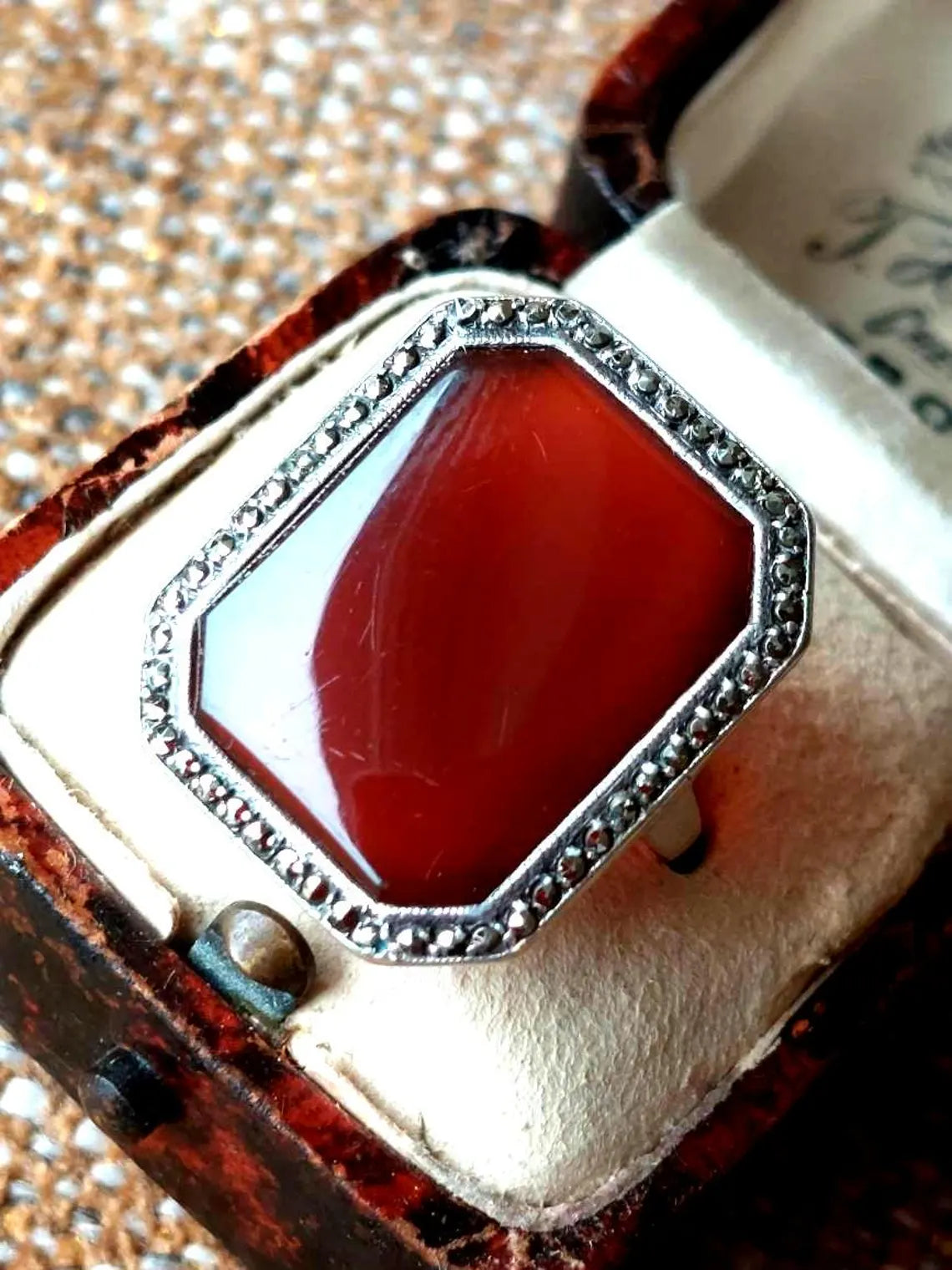 Antique 1920s solid silver artdeco carnelian and marcasite ring