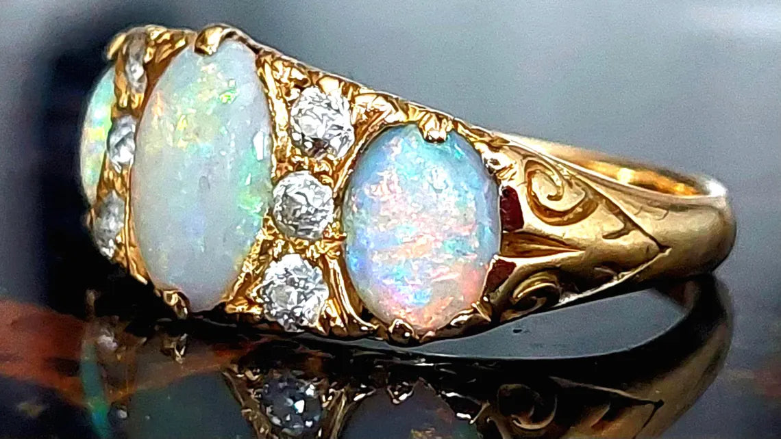 Edwardian 18ct gold antique opal gemstone ring, three stone ring