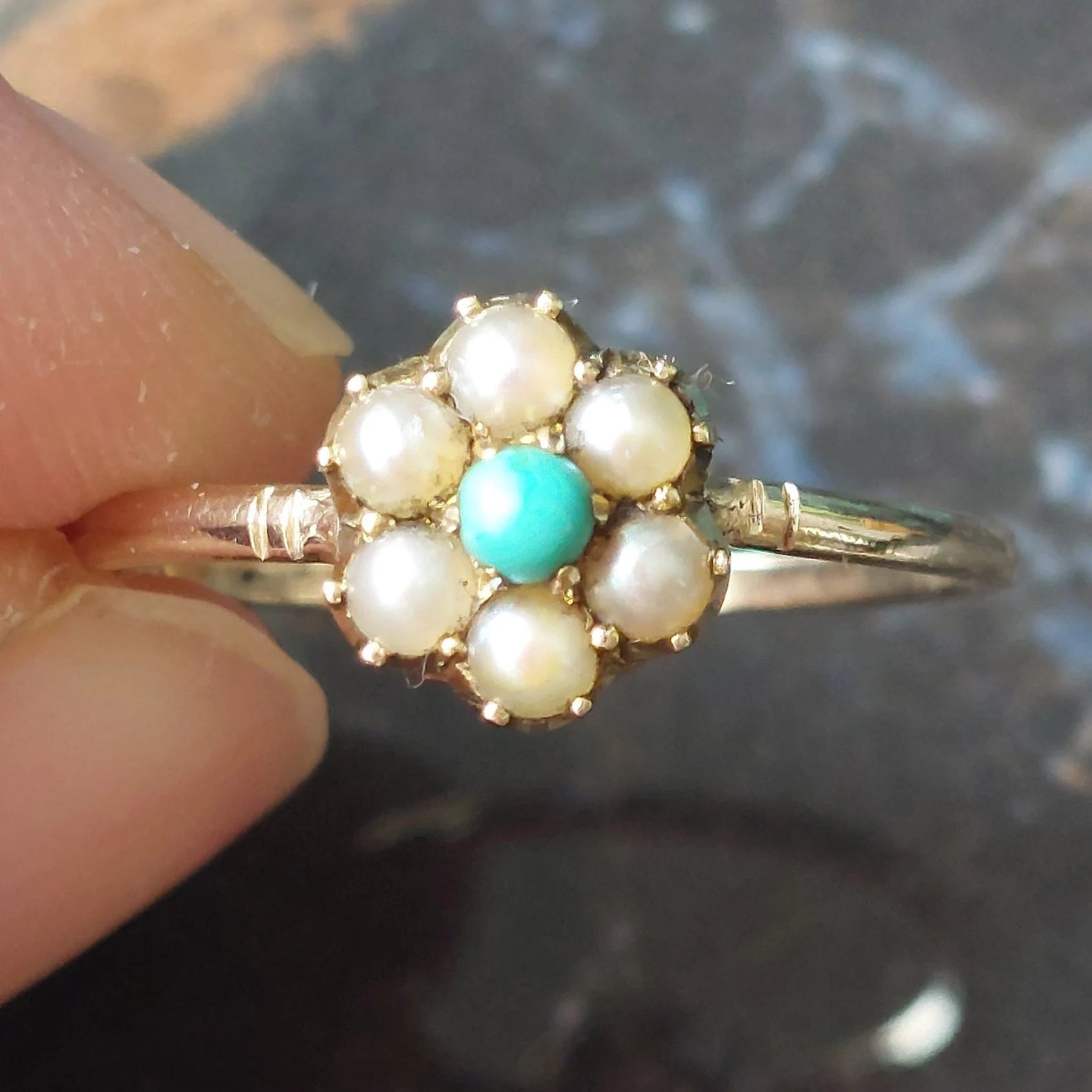 15ct Gold Antique "Forget me not" natural turquoise and pearl ring