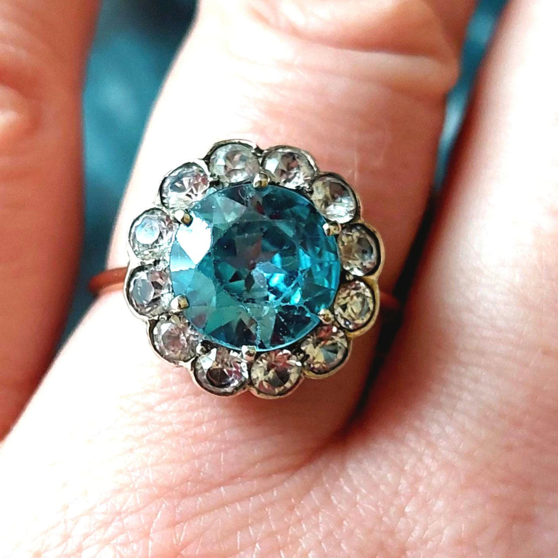 ANTIQUE 14ct Blue Zircon and White Sapphire Flower ring, Fine Antique Jewelry